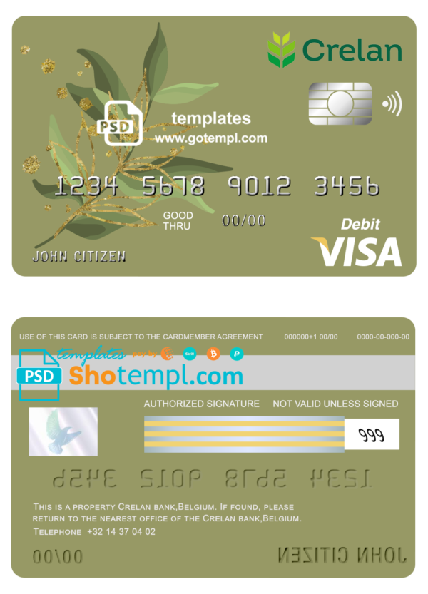 Belgium Crelan bank visa card debit card template in PSD format, fully editable