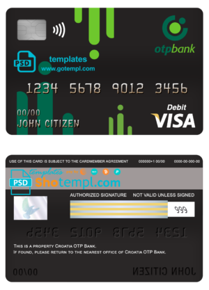 Croatia OTP bank visa card debit card template in PSD format, fully editable