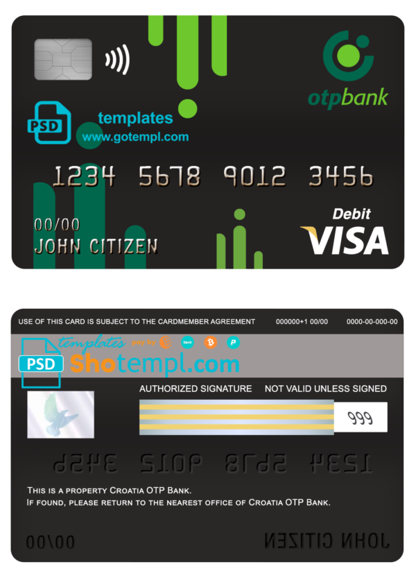 Croatia OTP bank visa card debit card template in PSD format, fully editable