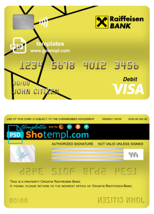 Croatia Raiffeisen bank visa card debit card template in PSD format, fully editable