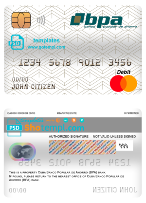Cuba Banco Popular de Ahorro (BPA) bank mastercard debit card template in PSD format, fully editable