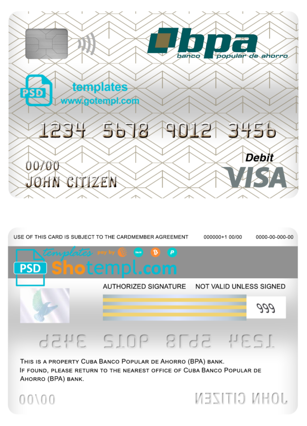 Cuba Banco Popular de Ahorro (BPA) bank visa card debit card template in PSD format, fully editable