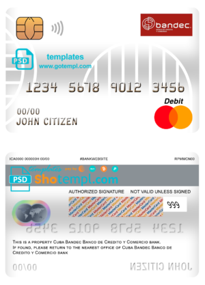 Cuba Bandec Banco de Credito y Comercio bank mastercard debit card template in PSD format, fully editable