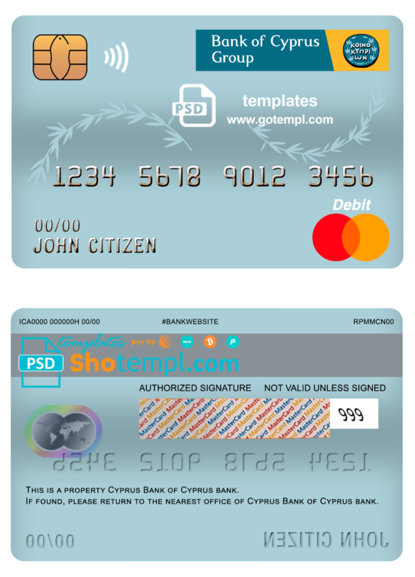 Cyprus Bank of Cyprus bank mastercard debit card template in PSD format, fully editable