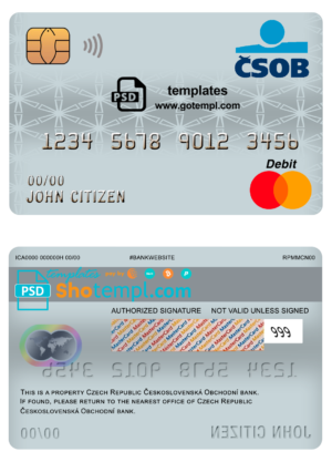 Czech Republic Československá Obchodní bank mastercard debit card template in PSD format, fully editable