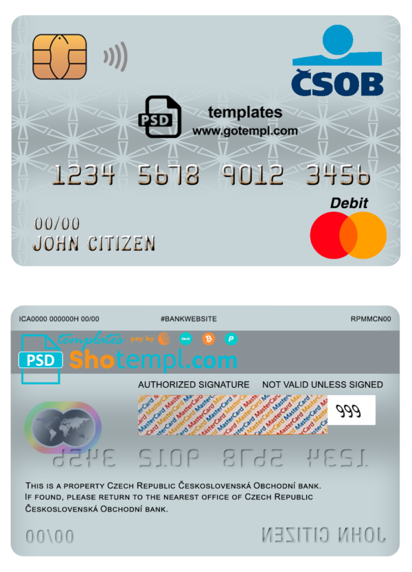 Czech Republic Československá Obchodní bank mastercard debit card template in PSD format, fully editable