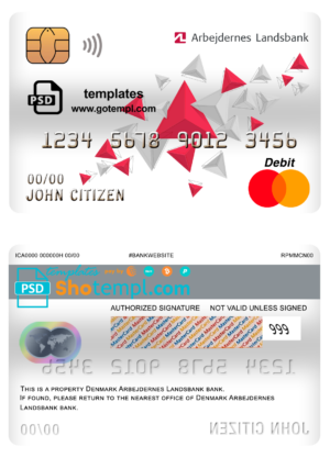 Denmark Arbejdernes Landsbank mastercard debit card template in PSD format, fully editable