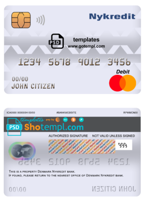 Denmark Nykredit bank mastercard debit card template in PSD format, fully editable