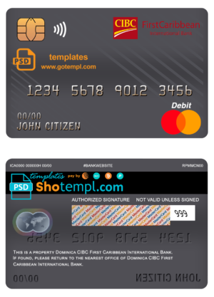 Dominica CIBC First Caribbean International bank mastercard debit card template in PSD format, fully editable
