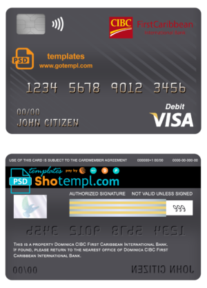 Dominica CIBC First Caribbean International bank visa card debit card template in PSD format, fully editable