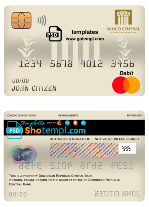 Dominican Republic Central bank Of the Dominican Republic mastercard debit card template in PSD format, fully editable