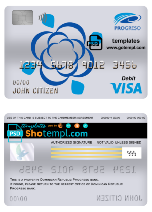 Dominican Republic Progreso bank visa card debit card template in PSD format, fully editable