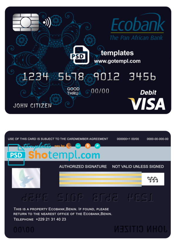 Benin Ecobank visa card debit card template in PSD format, fully editable