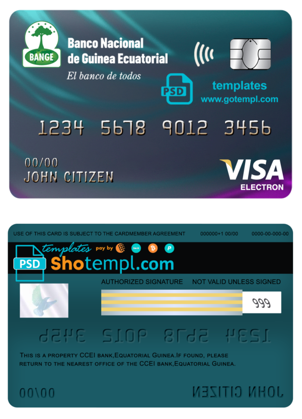 Equatorial Guinea The National Bank visa electron card template in PSD format, fully editable