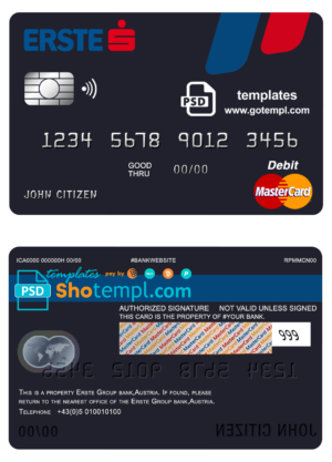 Austria Erste Group bank mastercard debit card template in PSD format, fully editable