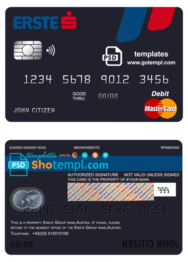 Austria Erste Group bank mastercard debit card template in PSD format, fully editable