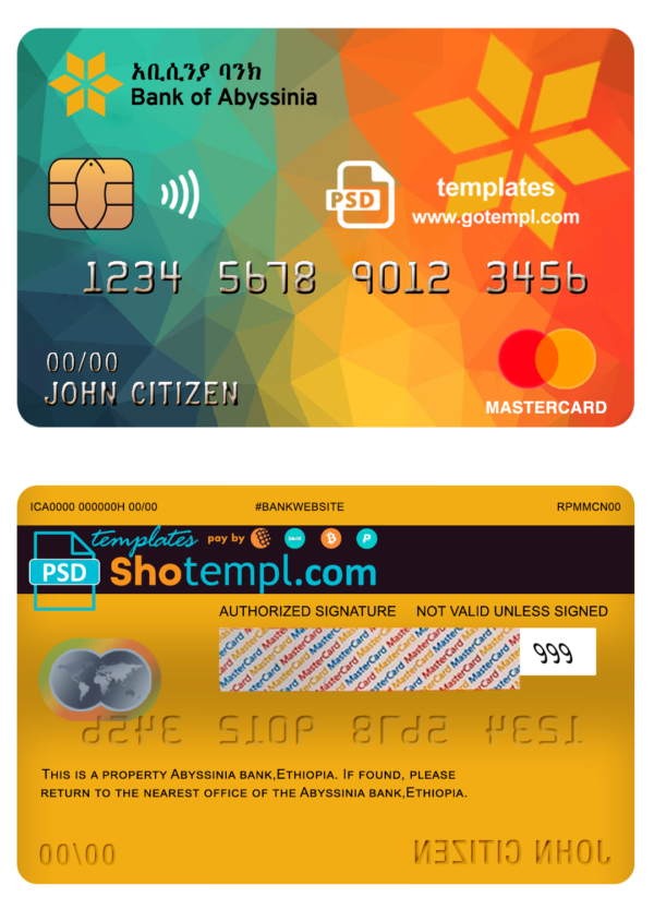 Ethiopia Bank of Abyssinia bank mastercard template in PSD format, fully editable