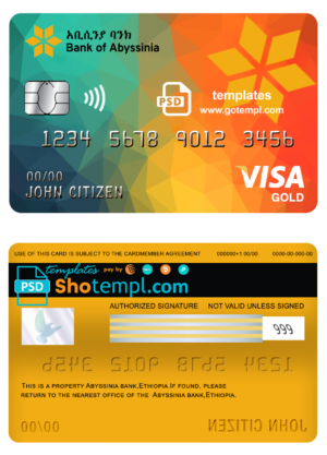 Ethiopia Bank of Abyssinia bank visa gold card template in PSD format, fully editable