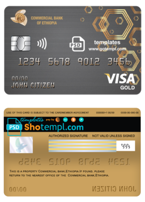 Ethiopia Commercial Bank visa gold card template in PSD format, fully editable
