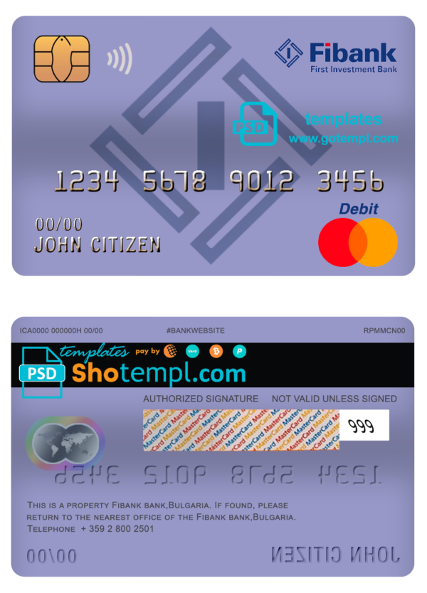 Bulgaria Fibank bank mastercard debit card template in PSD format, fully editable