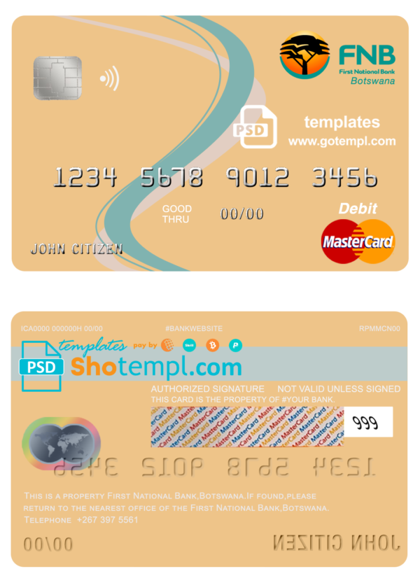 Botswana First National Bank mastercard debit card template in PSD format, fully editable
