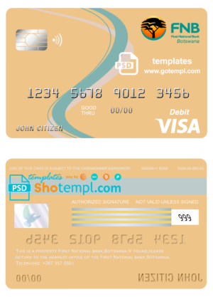 Botswana First National Bank visa card debit card template in PSD format, fully editable