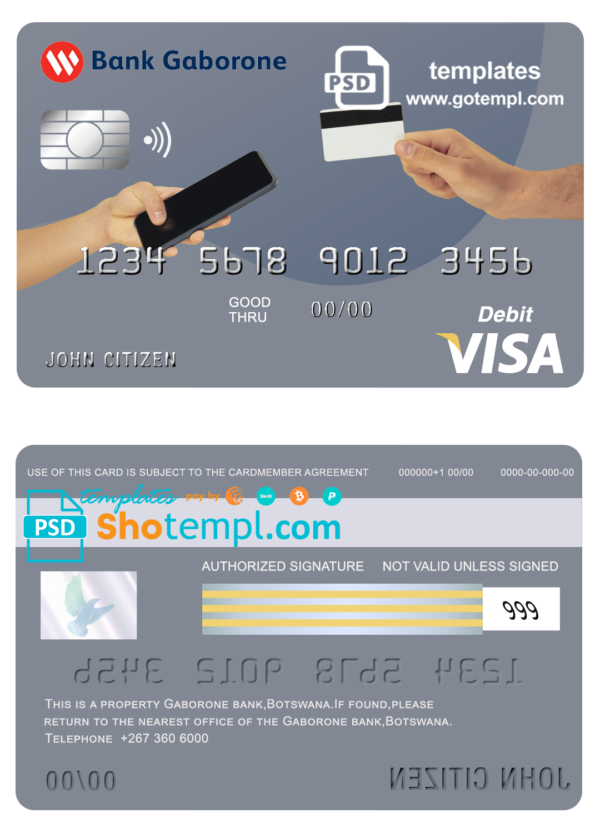 Botswana Bank Gaborone visa card debit card template in PSD format, fully editable
