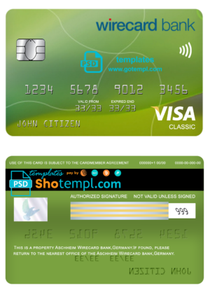 Germany Aschheim Wirecard bank visa classic card template in PSD format, fully editable