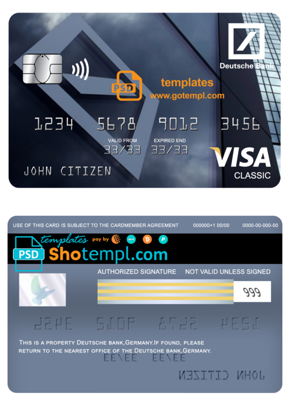 Germany Deutsche bank visa classic card template in PSD format, fully editable