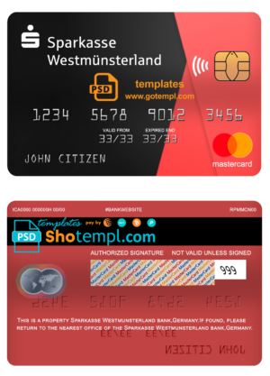 Germany Sparkasse Westmunsterland bank mastercard template in PSD format, fully editable
