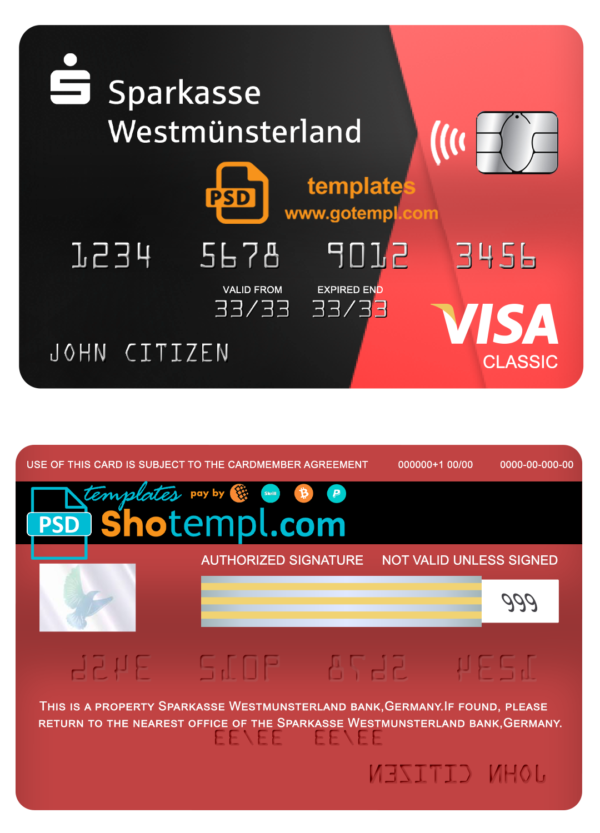 Germany Sparkasse Westmunsterland bank visa classic card template in PSD format, fully editable
