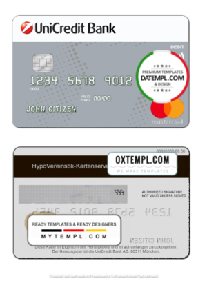 Germany UniCredit Bank mastercard credit card template in PSD format, fully editable