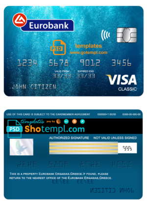 Greece Eurobank Ergasias bank visa classic card template in PSD format, fully editable
