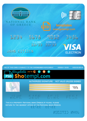 Greece National bank visa electron card template in PSD format, fully editable