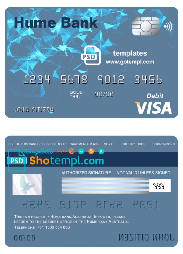 Australia Humebank bank visa card debit card template in PSD format, fully editable