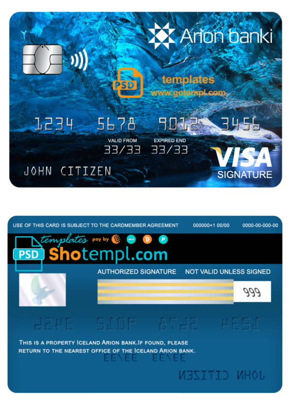 Iceland Arion bank visa signature card, fully editable template in PSD format