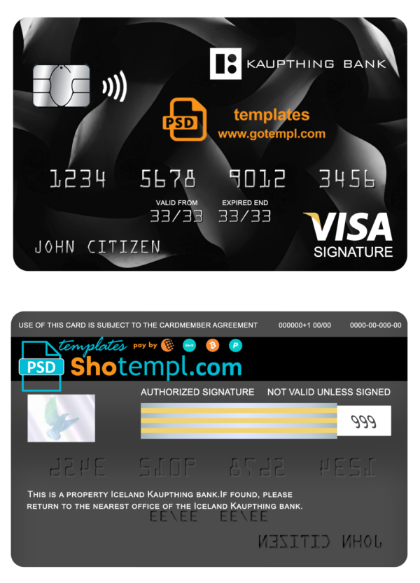 Iceland Kaupthing bank visa signature card, fully editable template in PSD format