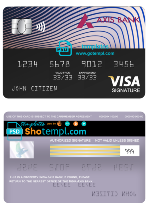 India Axis bank visa signature card, fully editable template in PSD format