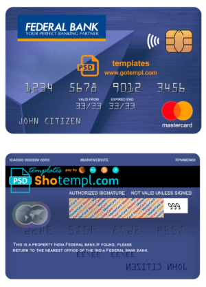 India Federal bank mastercard, fully editable template in PSD format