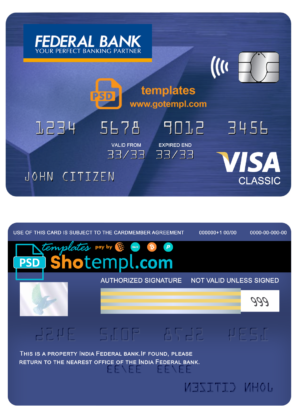 India Federal bank visa classic card, fully editable template in PSD format