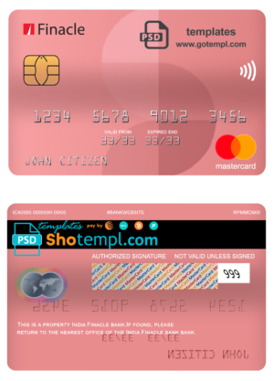 India Finacle bank mastercard, fully editable template in PSD format
