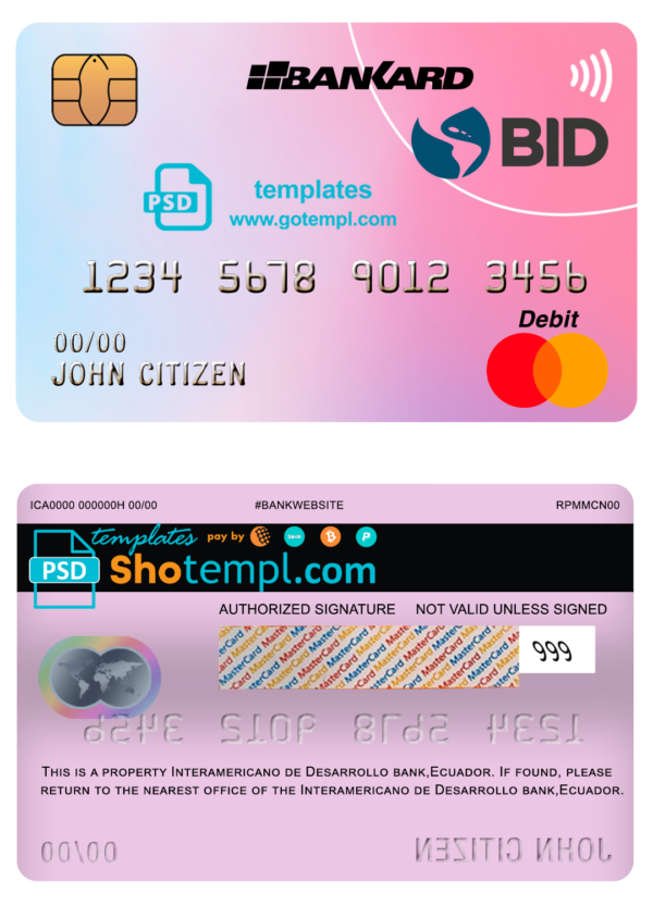 Ecuador Banco Interamericano de Desarrollo BID bank mastercard debit card template in PSD format, fully editable