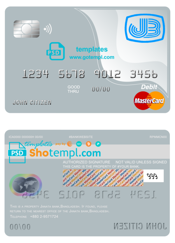 Bangladesh Janata bank mastercard debit card template in PSD format, fully editable
