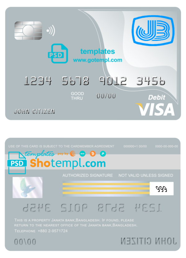 Bangladesh Janata bank visa card debit card template in PSD format, fully editable