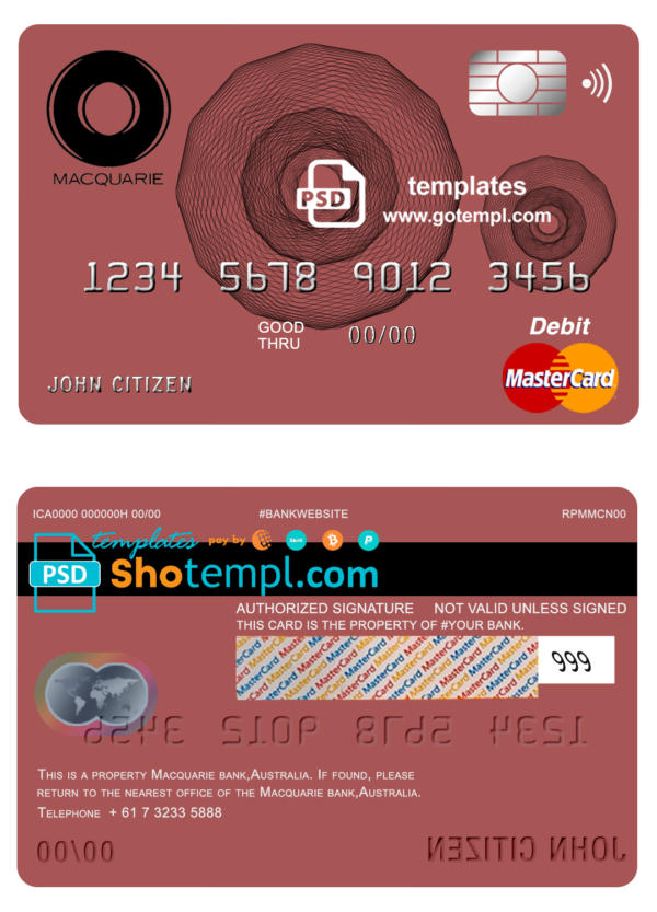 Australia Macquarie bank mastercard debit card template in PSD format, fully editable