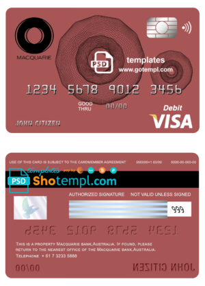 Australia Macquarie bank visa card debit card template in PSD format, fully editable