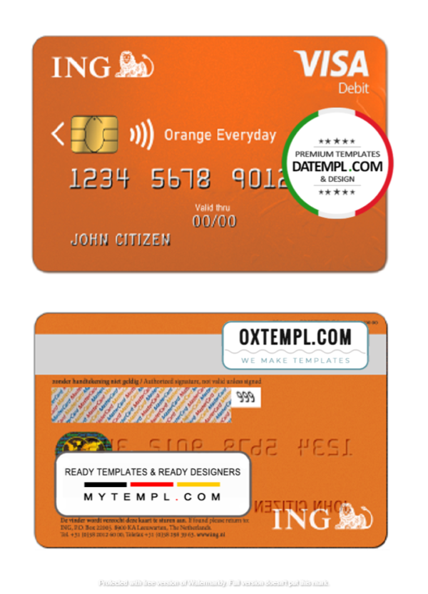 Netherlands ING Orange visa card template in PSD format, fully editable