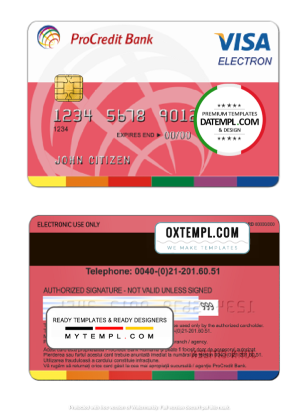 Romania ProCredit Bank visa electron credit card template in PSD format, fully editable