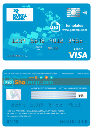 Australia Rural Bank visa card debit card template in PSD format, fully editable