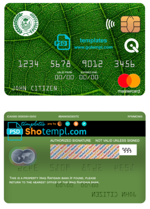 Iraq Rafidain bank mastercard, fully editable template in PSD format